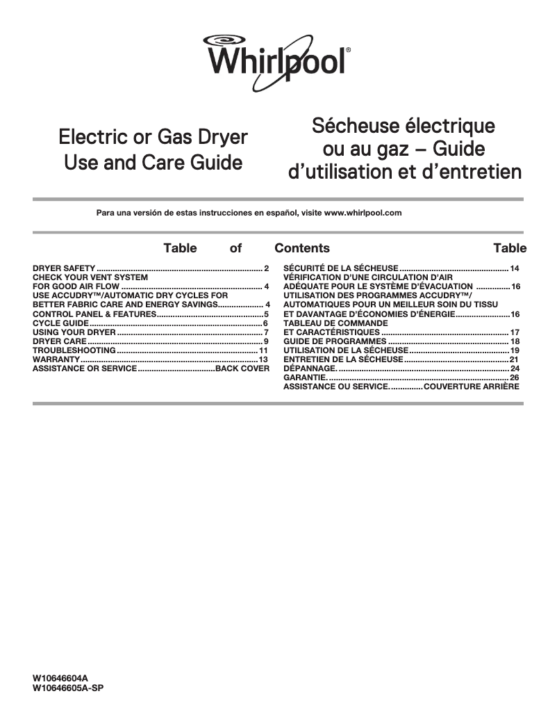 Page 1 de la notice Manuel d'utilisation et d'entretien Whirlpool WGD49STBW