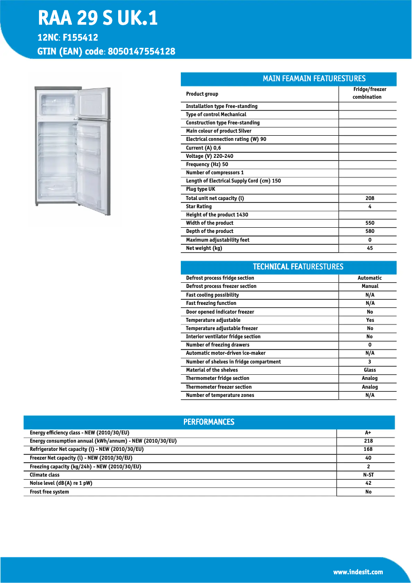 Page 1 de la notice Manuel utilisateur Indesit RAA 29 S UK.1