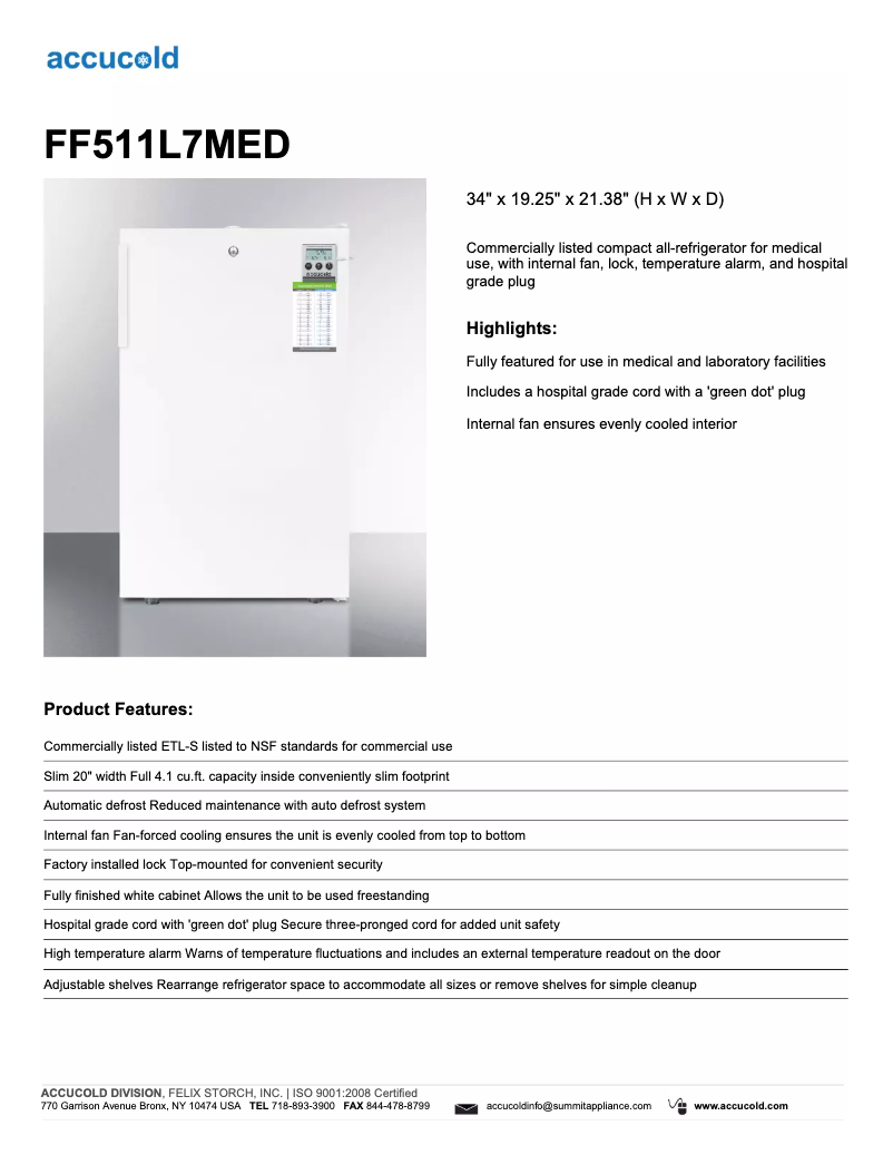 Page n°1 - Fiche technique Summit Accucold FF511L7MED