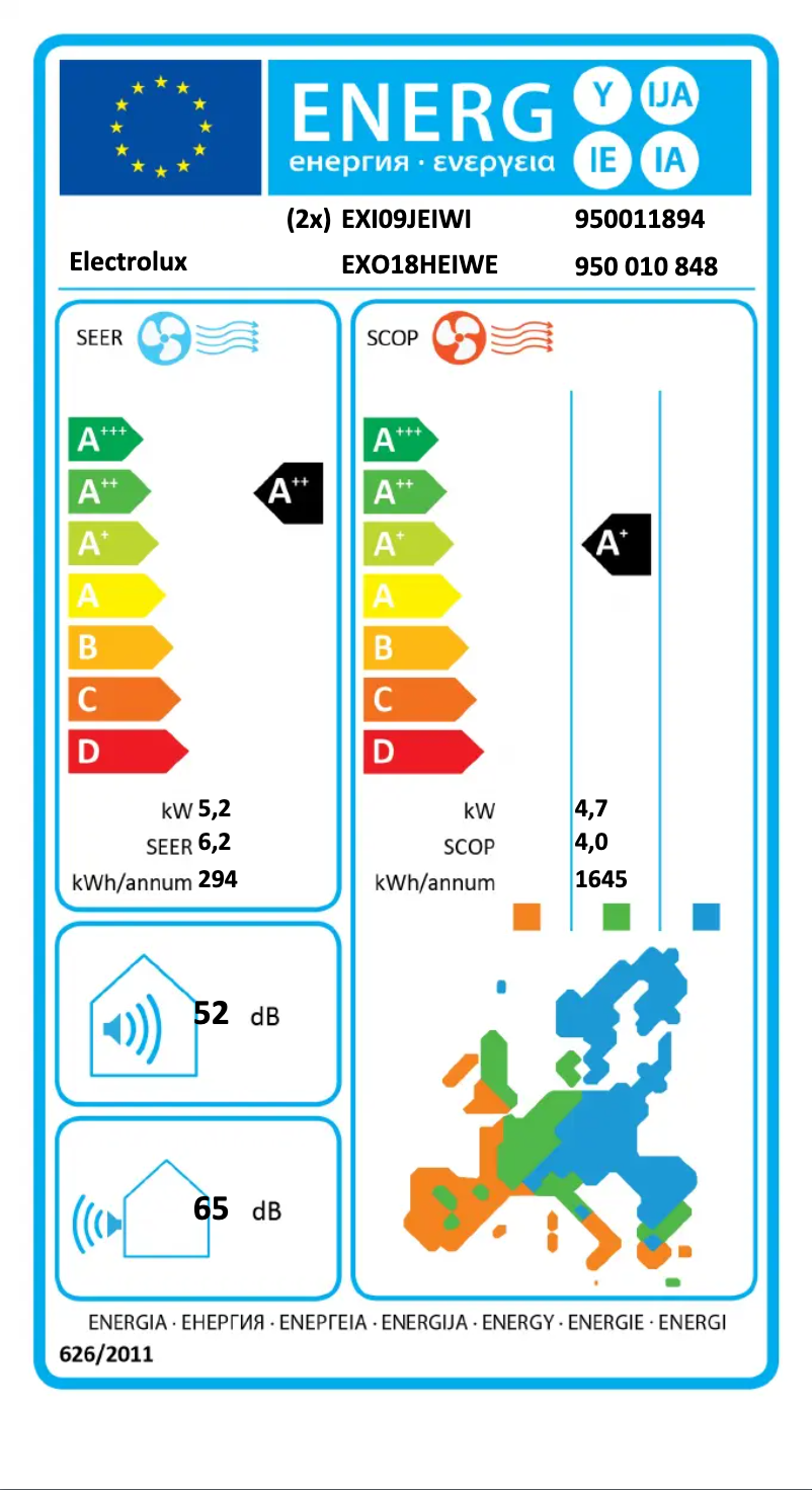 Page 1 de la notice Label énergétique Electrolux EXO18HEIWE