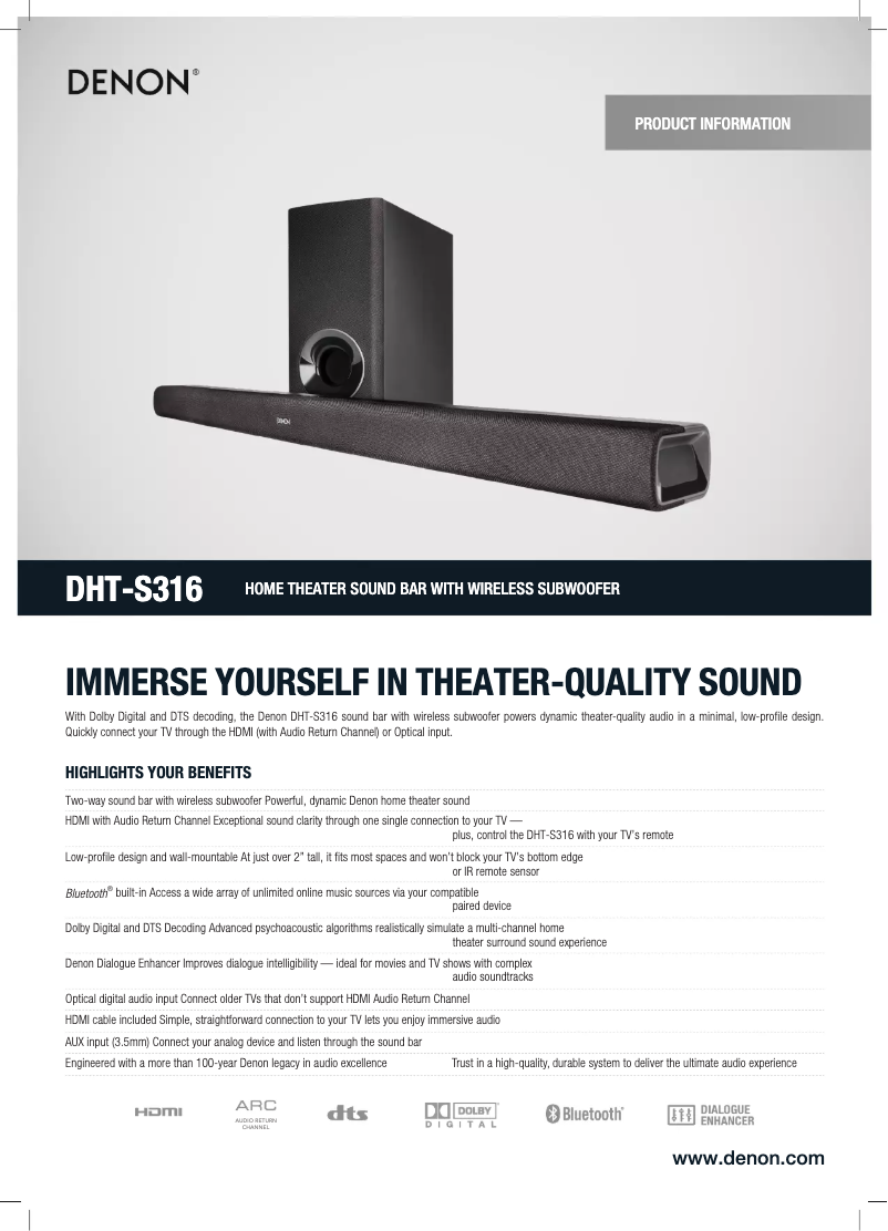 Page 1 de la notice Fiche technique Denon DHT-S316