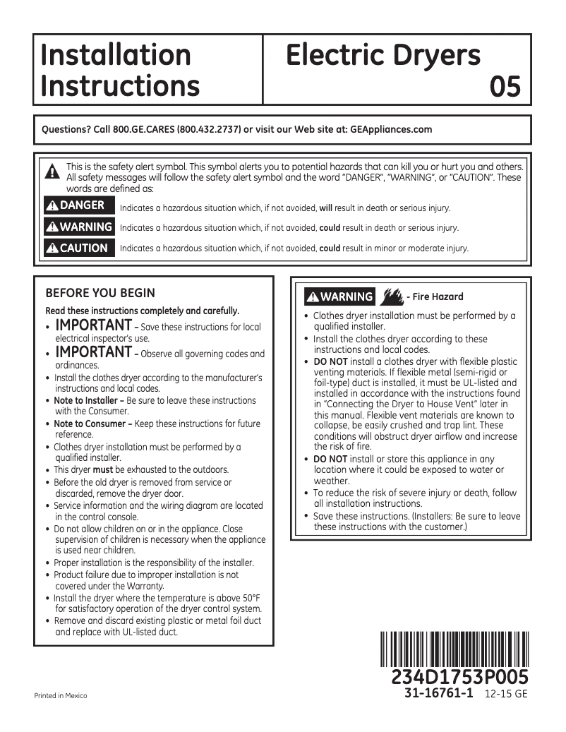 Page n°1 - Guide d'installation GE GTD86ESSJWS