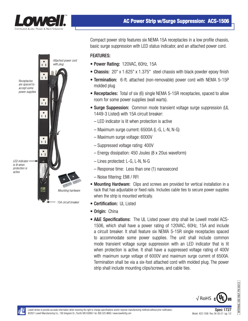 Page 1 de la notice Manuel utilisateur Lowell ACS-1506