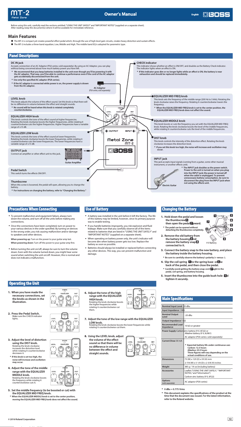 Page n°1 - Manuel utilisateur Boss MT-2