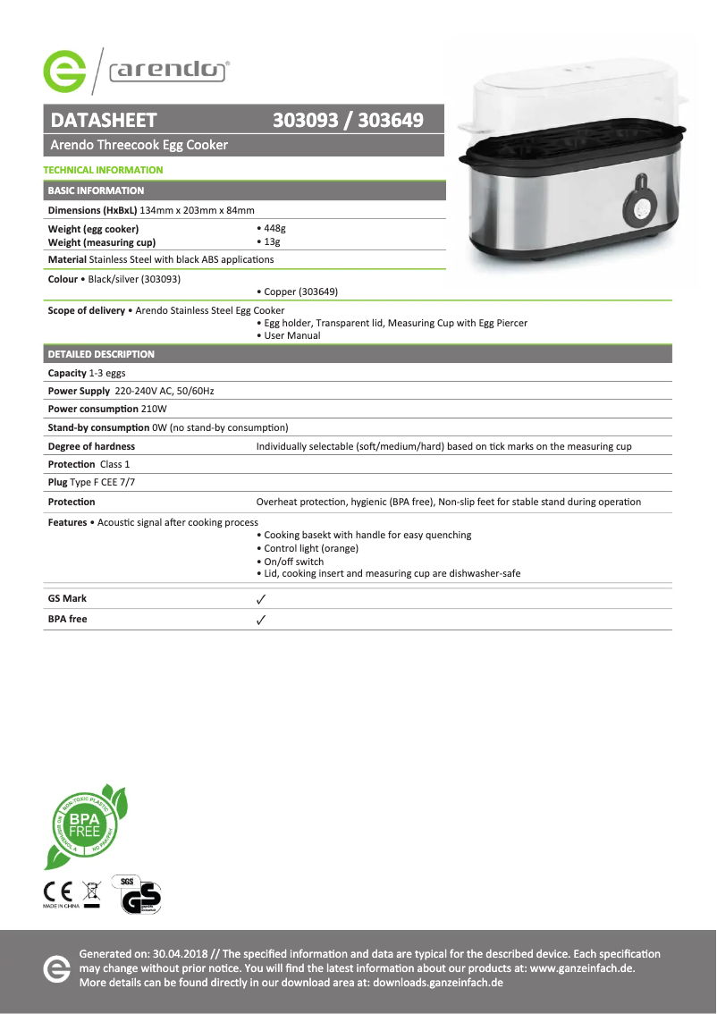 Page 1 de la notice Fiche technique Arendo Threecook 305932