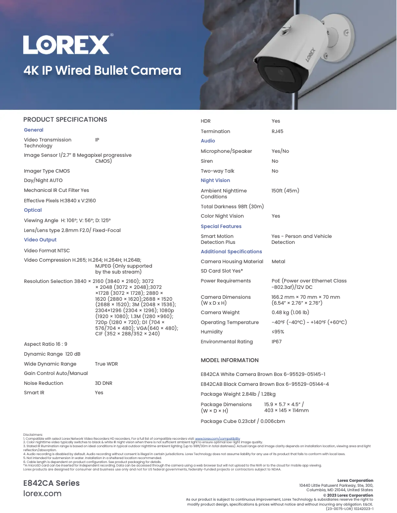 Page 1 de la notice Fiche technique Lorex E842CA