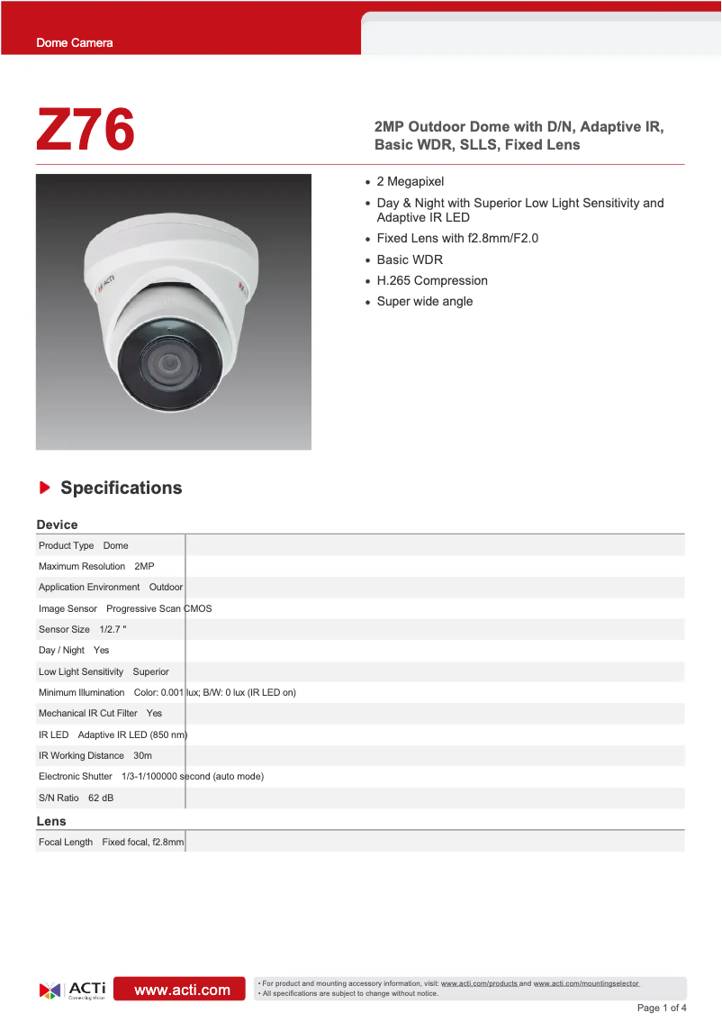 Page 1 de la notice Fiche technique ACTi Z76
