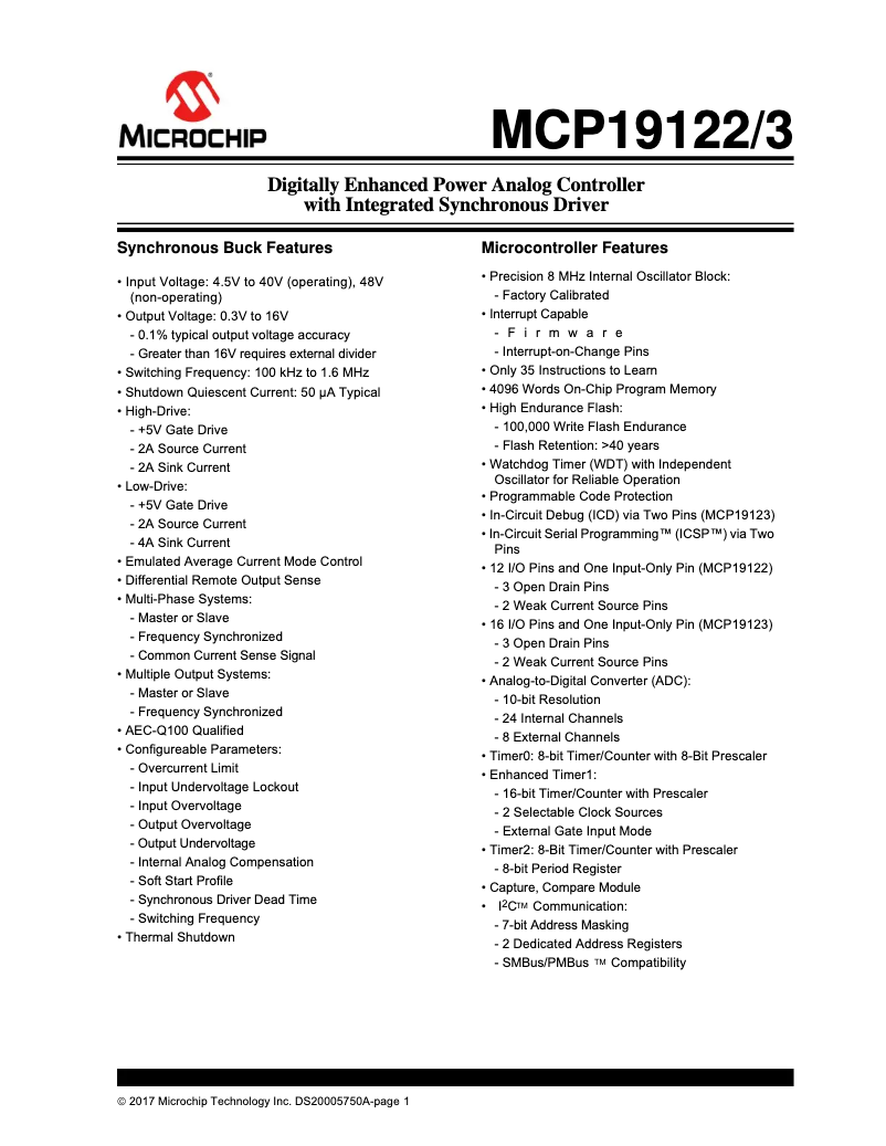 Page 1 de la notice Fiche technique Microchip MCP19122
