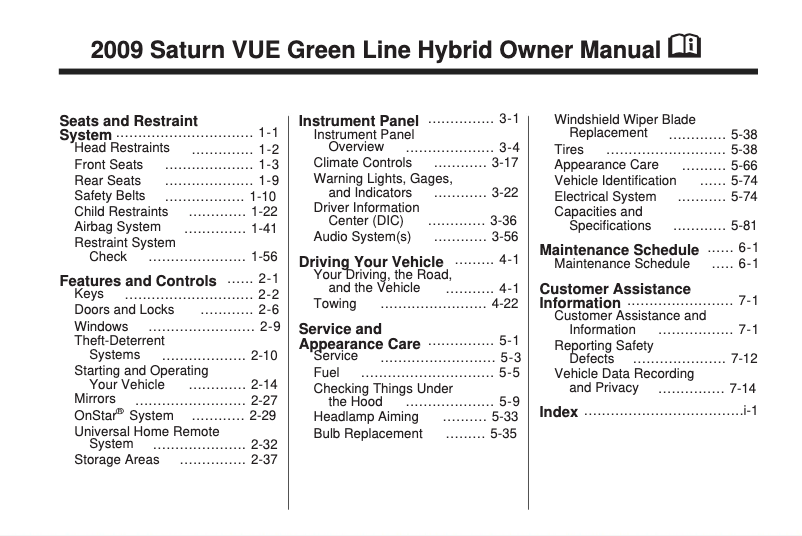 Page n°1 - Manuel utilisateur Saturn Vue Green Line Hybrid (2009)