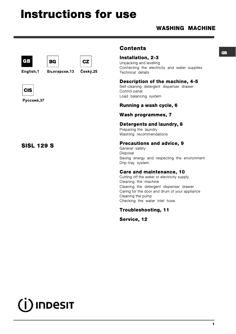 Page n°1 - Manuel utilisateur Indesit SISL 129 S