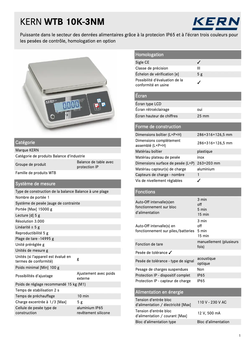 Page 1 de la notice Fiche technique Kern WTB 10K-3NM