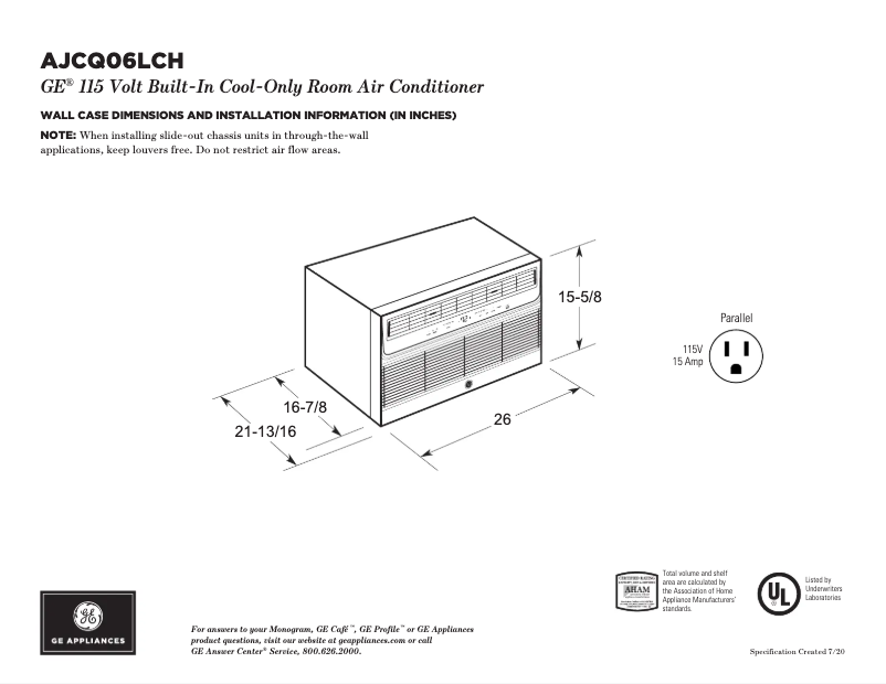 Página 1 del manual Ficha técnica GE AJCQ06LCH