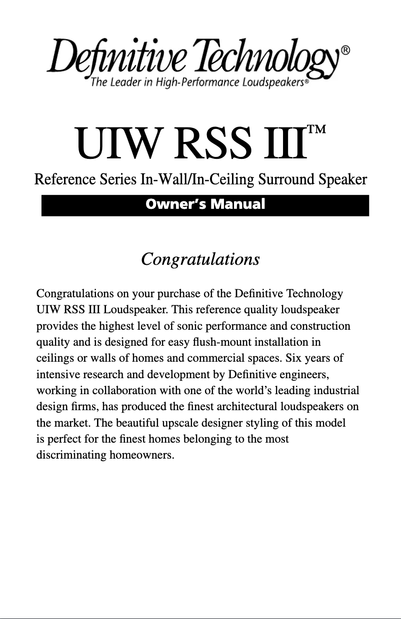 Page 1 de la notice Manuel utilisateur Definitive Technology UIW RSS III