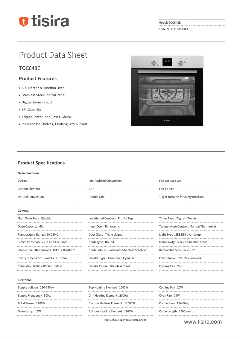 Page 1 de la notice Fiche technique Tisira TOC648E