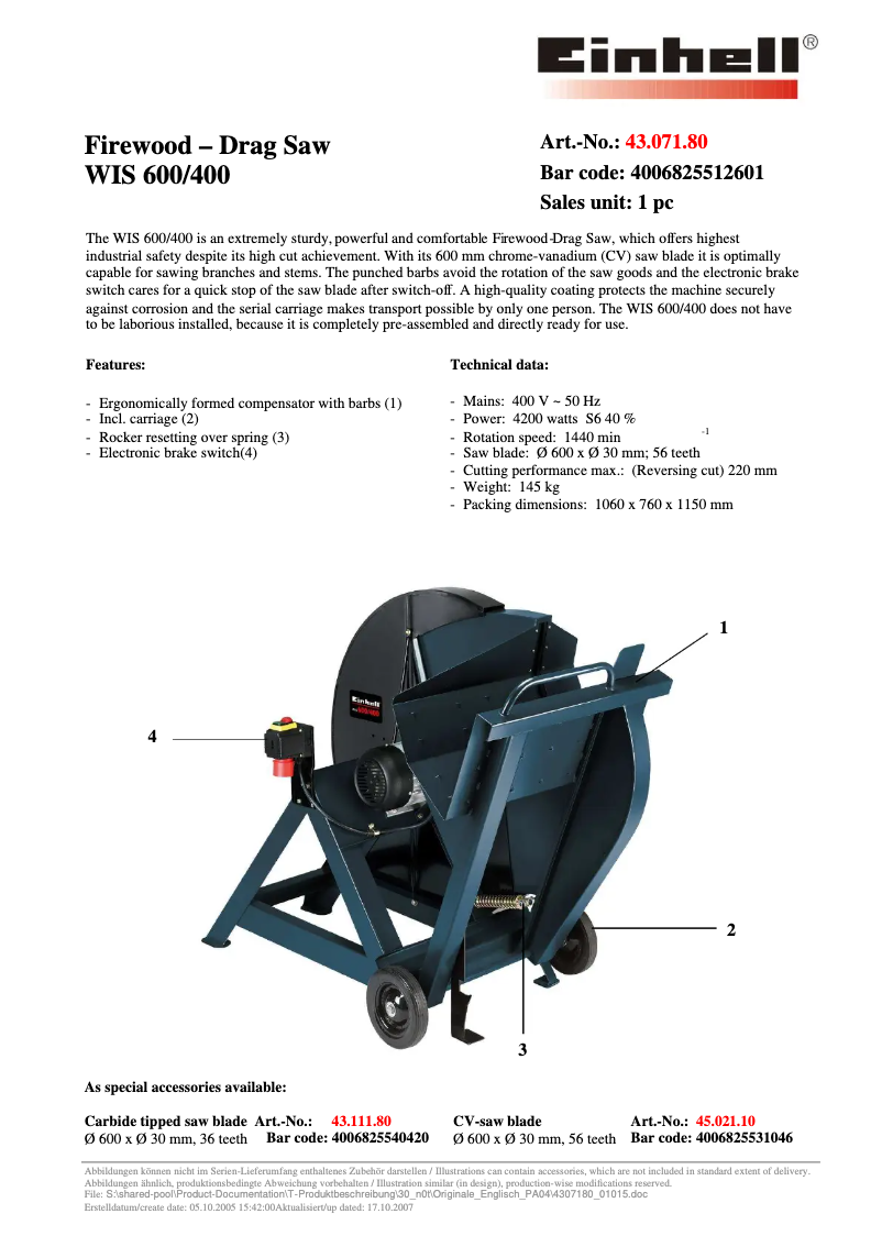 Page n°1 - Manuel utilisateur Einhell WIS 600/400