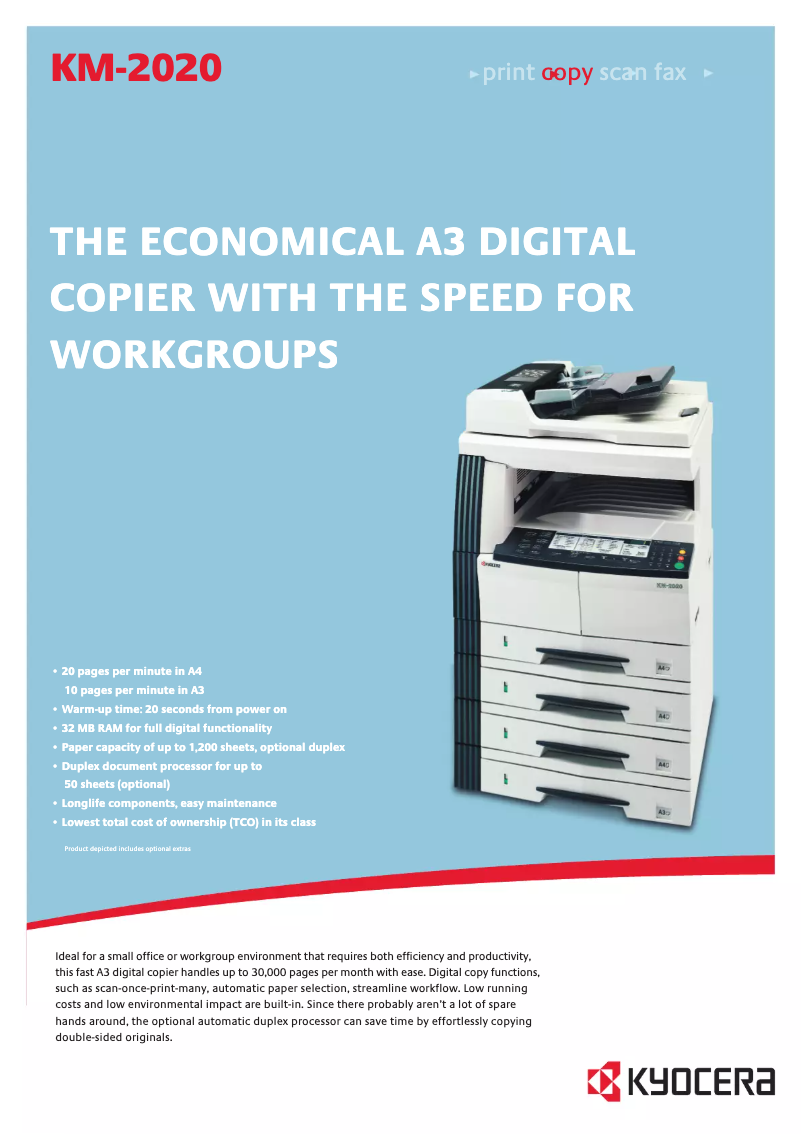 Page 1 de la notice Fiche technique Kyocera KM-2020