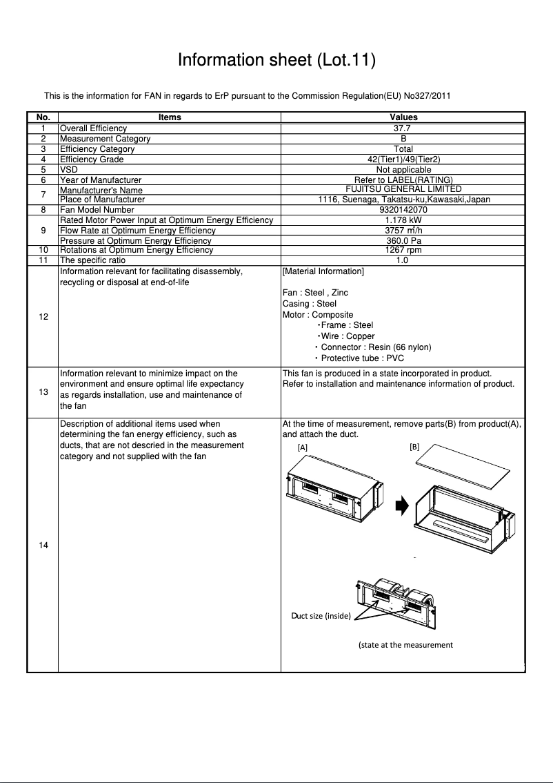 Page 1 de la notice Fiche technique Fujitsu AIRSTAGE ARXC90GATH