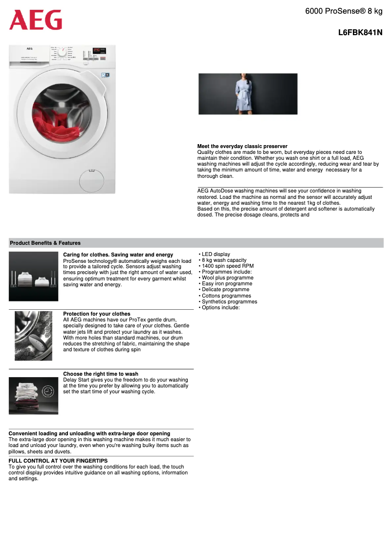 Page 1 de la notice Fiche technique AEG L6FBK841N