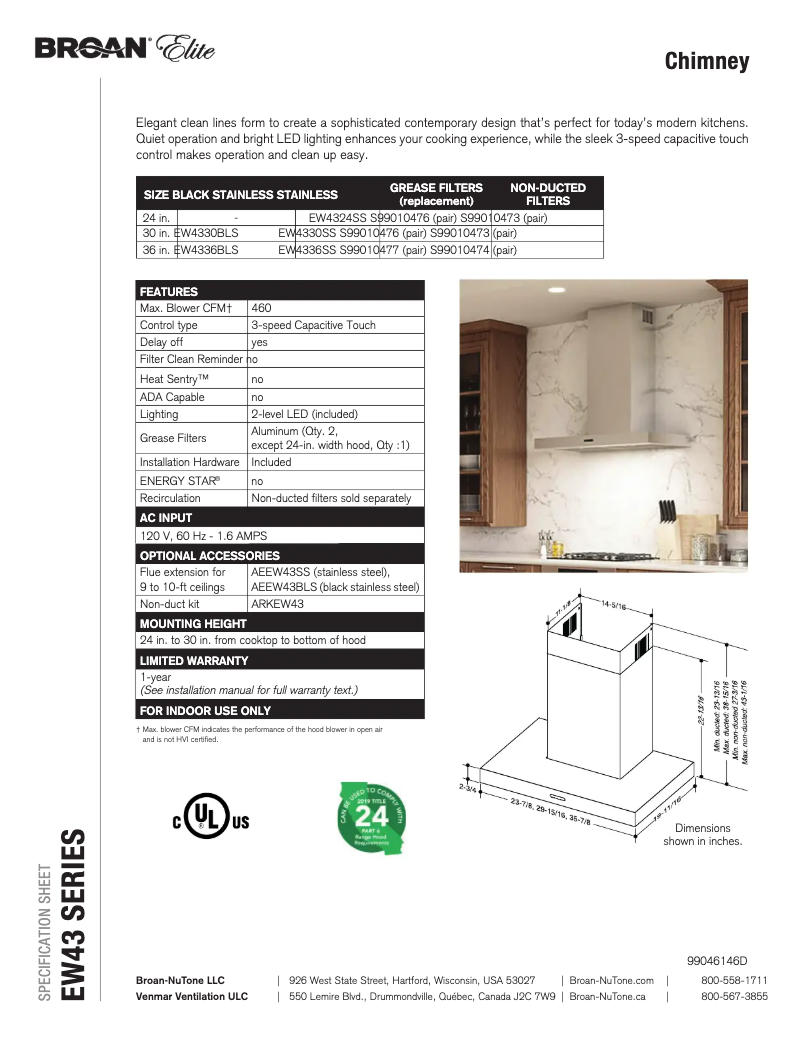 Page n°1 - Fiche technique Broan EW4324SS