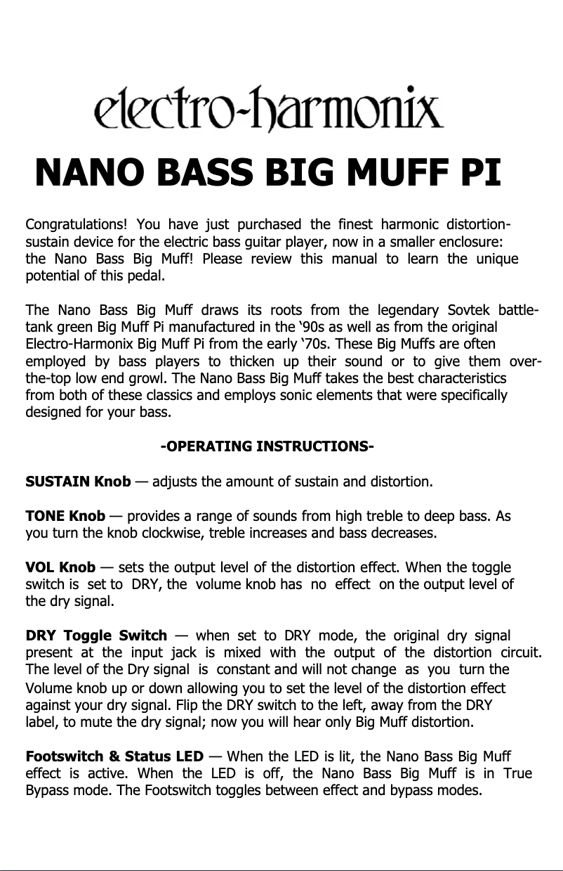 Page 1 de la notice Manuel utilisateur Electro Harmonix Nano Bass Big Muff Pi