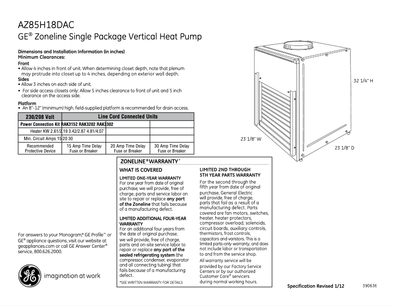 Page 1 of the manual Technical Sheet GE AZ85H18DAC Zoneline