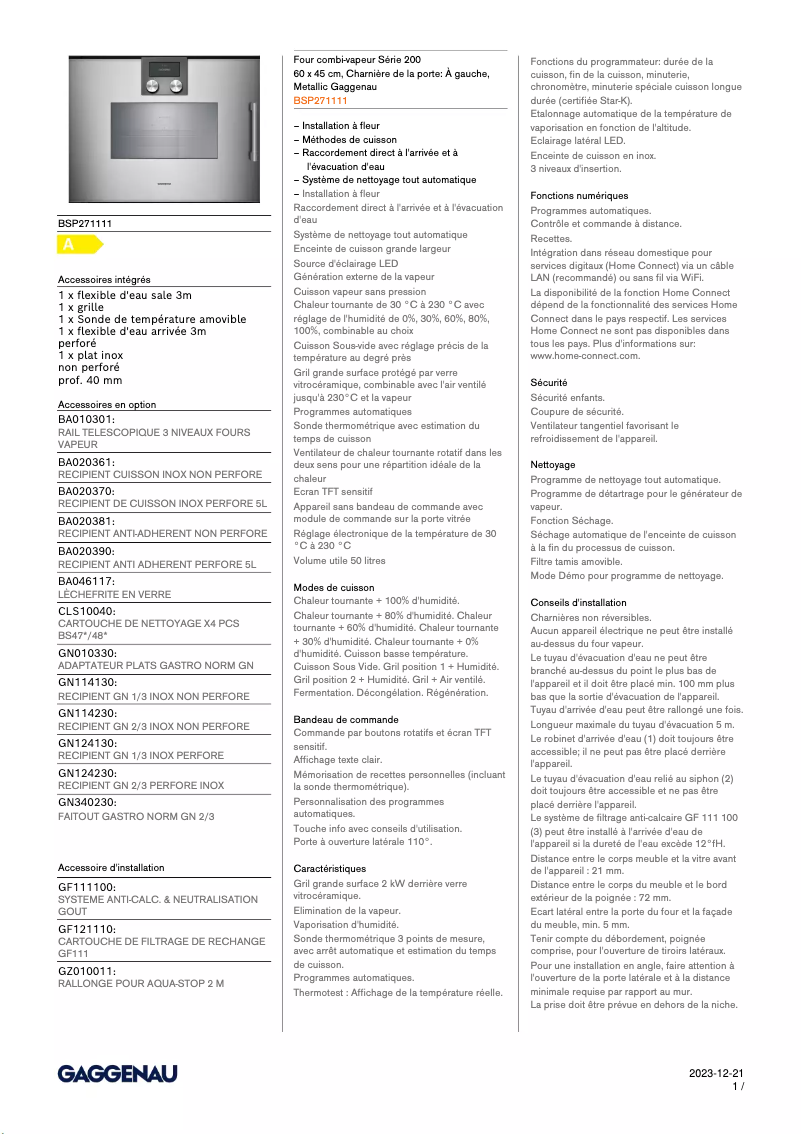 Página 1 del manual Ficha técnica Gaggenau BSP271111