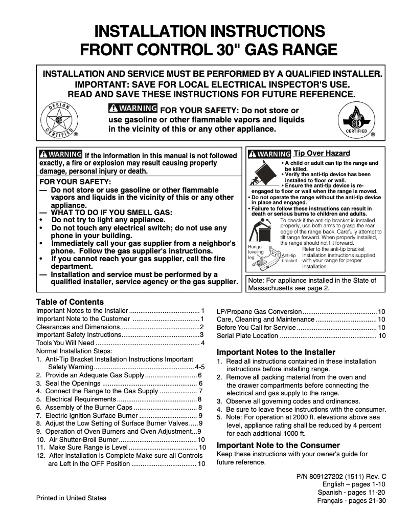 Page 1 de la notice Guide d'installation Frigidaire FPGH3077RF