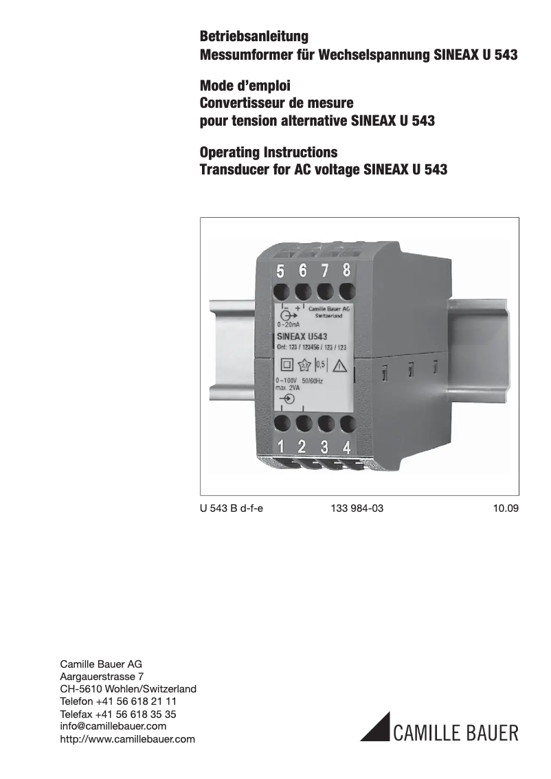 Page 1 de la notice Manuel utilisateur Camille Bauer Sineax U543