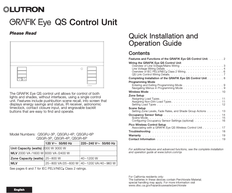 Page n°1 - Manuel utilisateur Lutron QSGR-4P