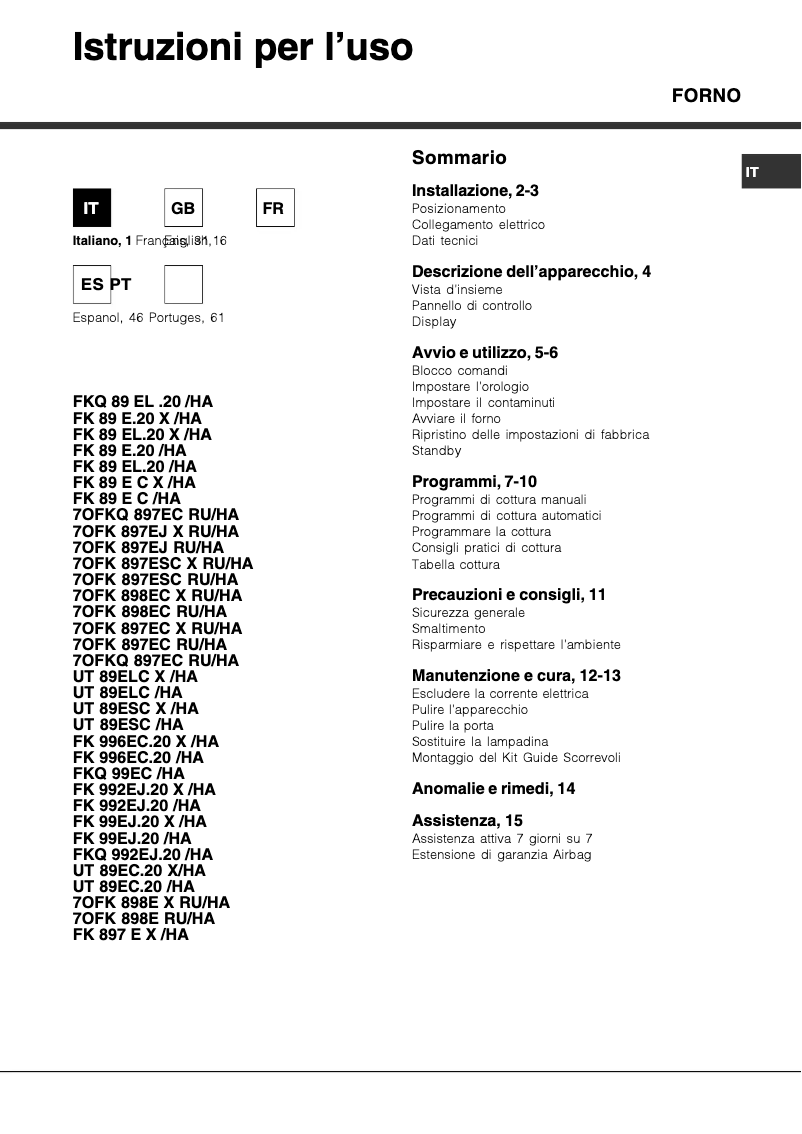 Page n°1 - Manuel utilisateur Hotpoint Ariston FK 89E C X/HA