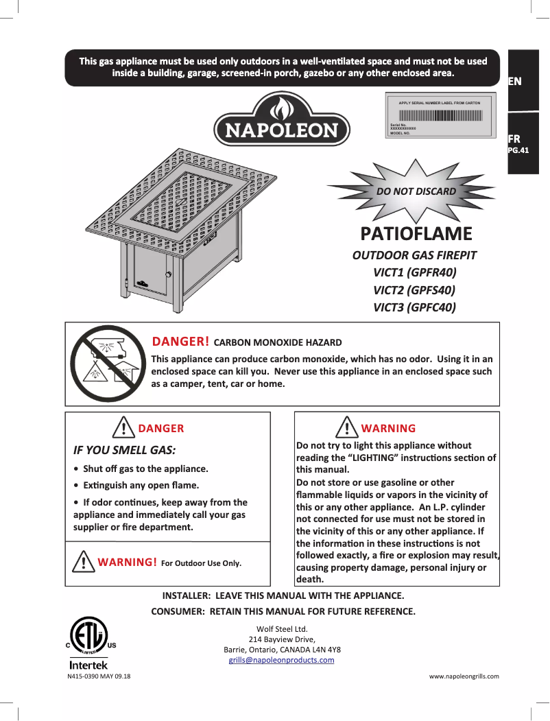 Page n°1 - Manuel utilisateur Napoleon VICT2-BZ