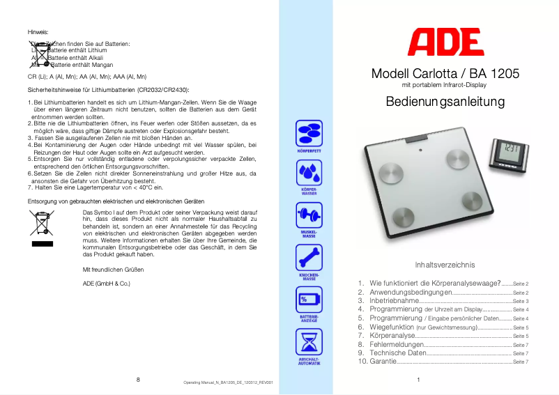 Page 1 de la notice Manuel utilisateur ADE Carlotta BA 1205