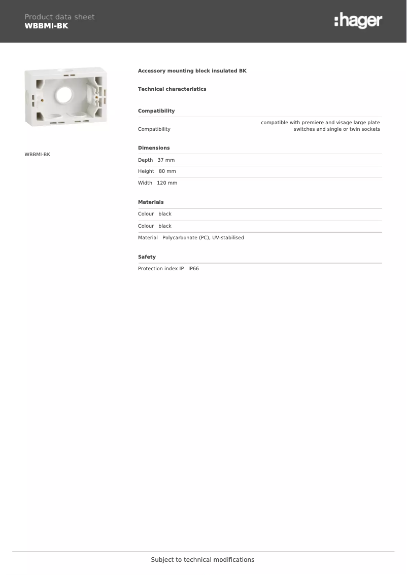 Page 1 de la notice Fiche technique Hager WBBMI