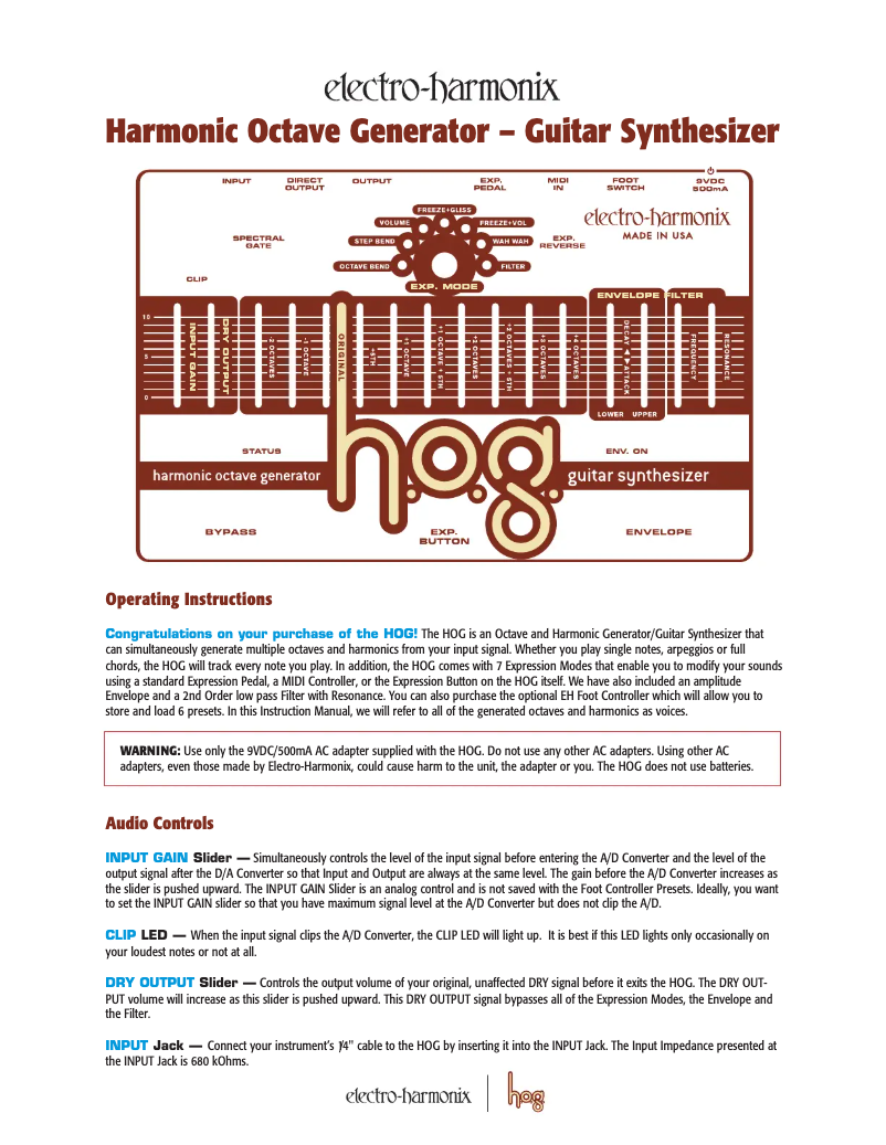 Page 1 de la notice Manuel utilisateur Electro Harmonix HOG