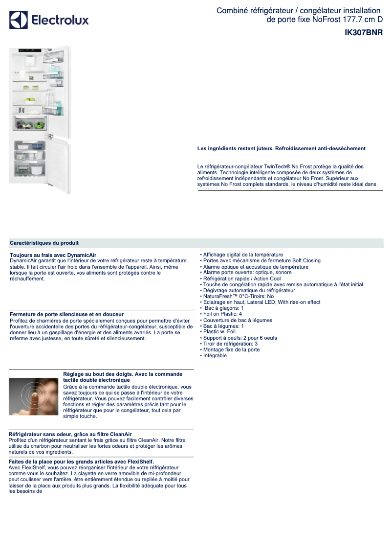 Page 1 de la notice Fiche technique Electrolux IK307BNR