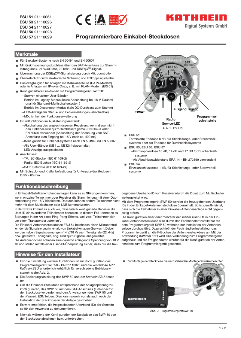 Page 1 de la notice Fiche technique Kathrein ESU 51