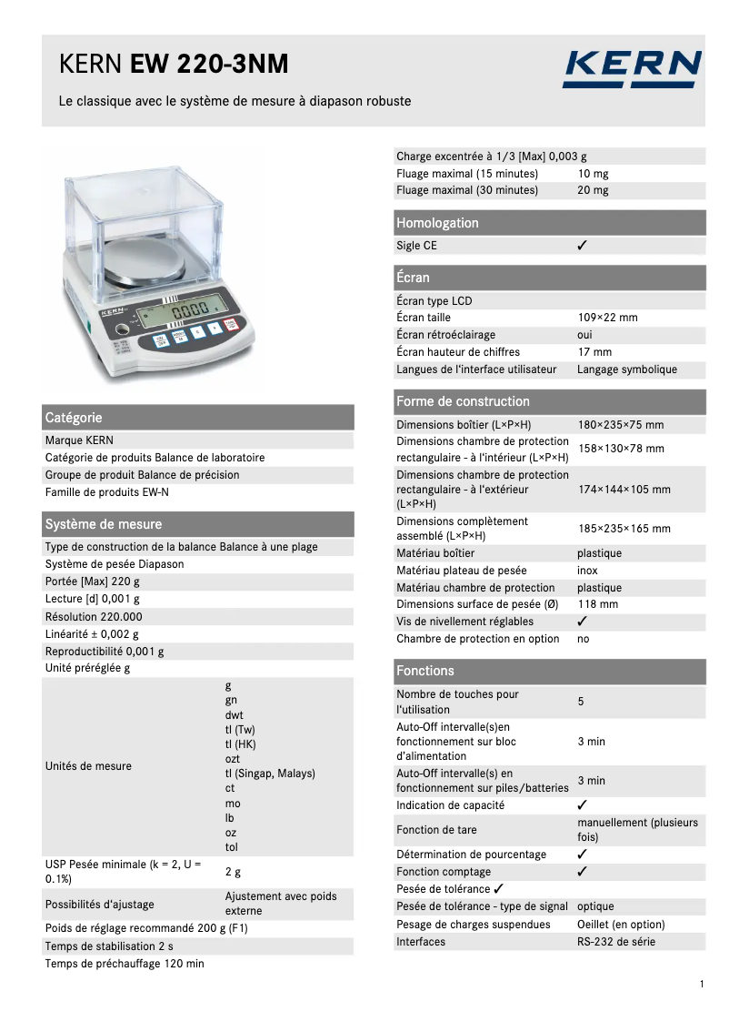 Página 1 del manual Ficha técnica Kern EW 220-3NM
