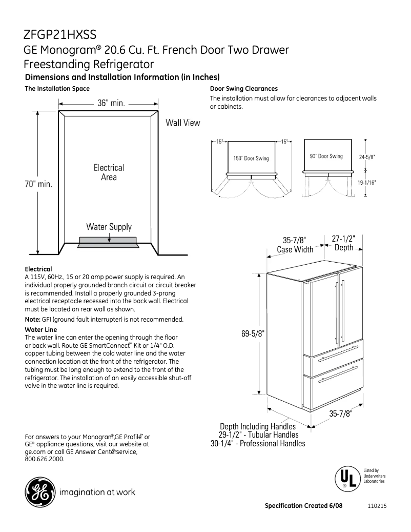 Page 1 de la notice Fiche technique GE ZFGP21HXSS