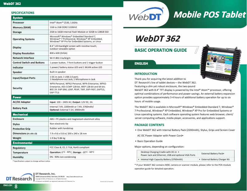 Page 1 de la notice Manuel utilisateur DT Research WebDT 362