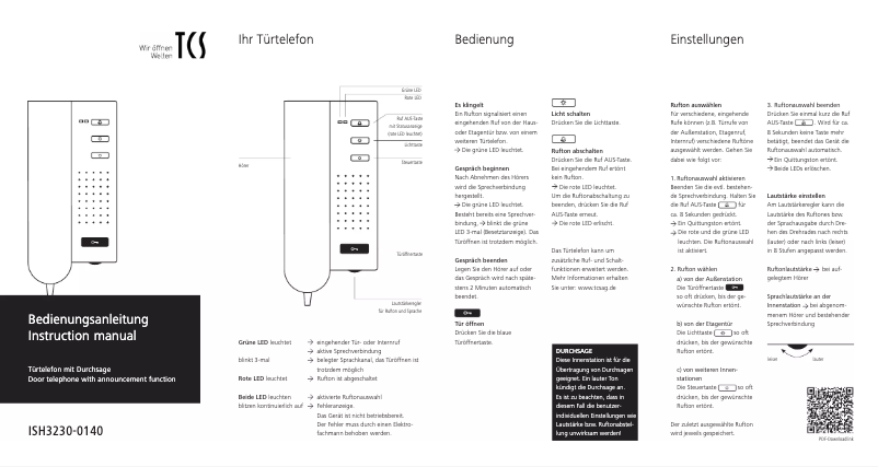 Page n°1 - Manuel utilisateur TCS ISH3230