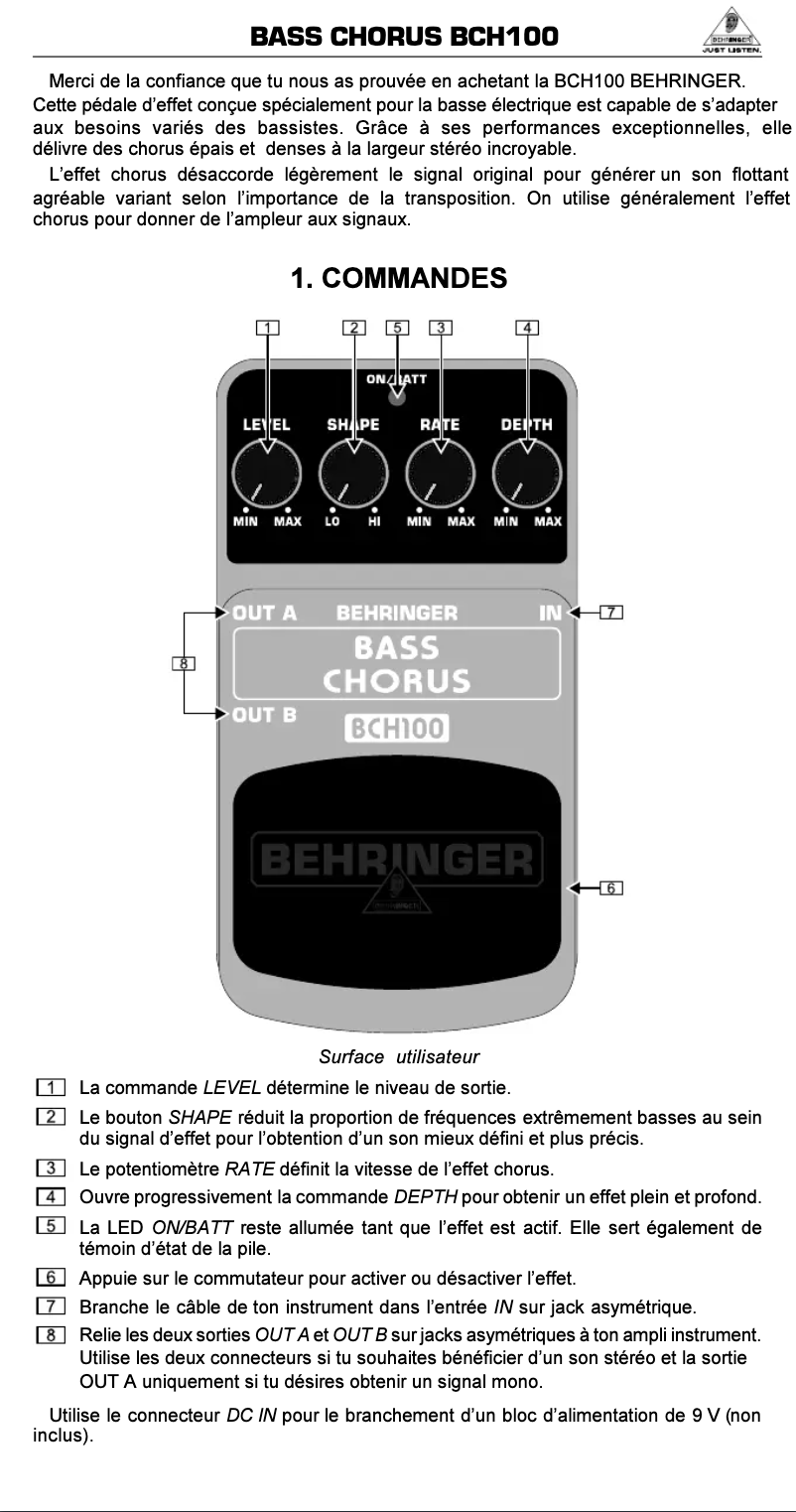 Page 1 de la notice Manuel utilisateur Behringer BCH100
