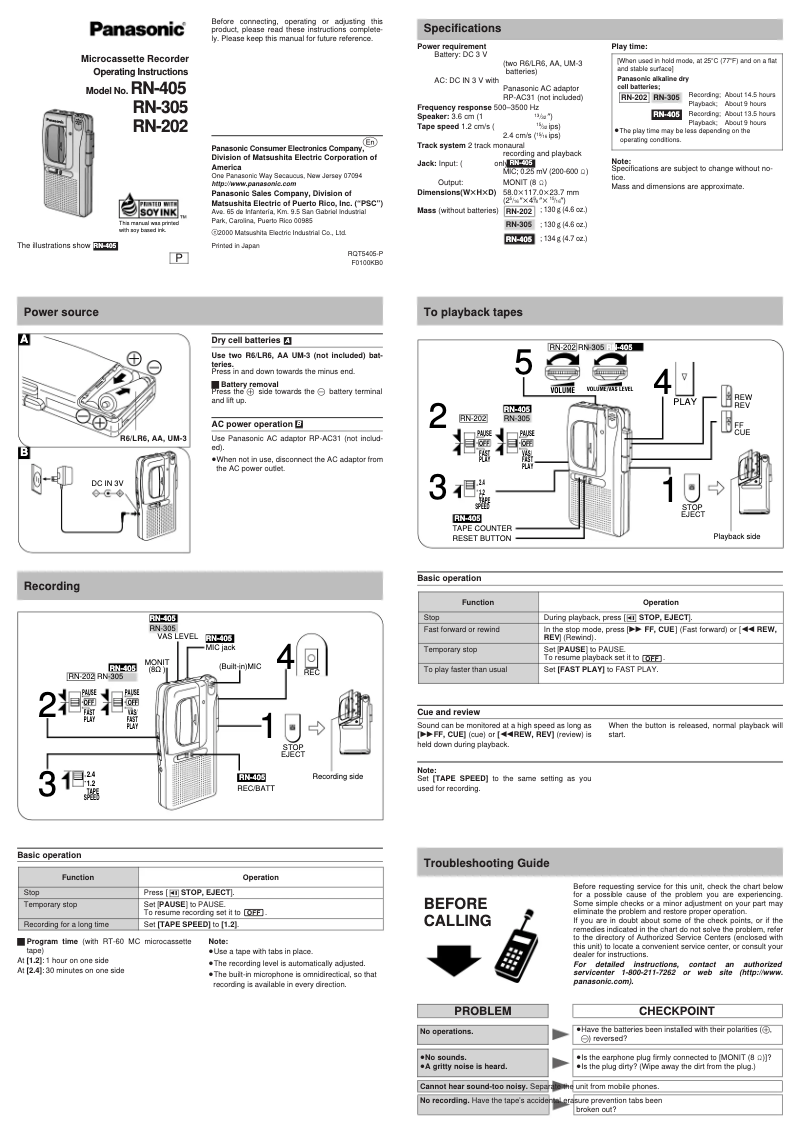 Page 1 de la notice Manuel utilisateur Panasonic RN-305