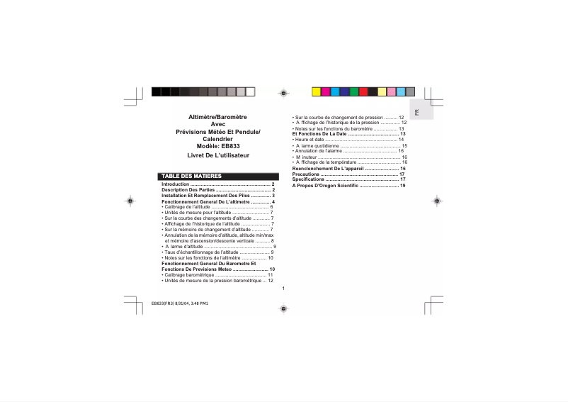 Page n°1 - Manuel utilisateur Oregon Scientific EB833