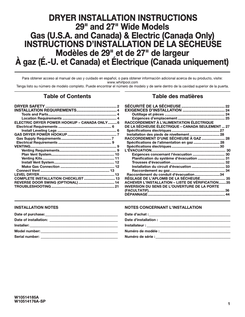 Page n°1 - Guide d'installation Amana NGD4655EW