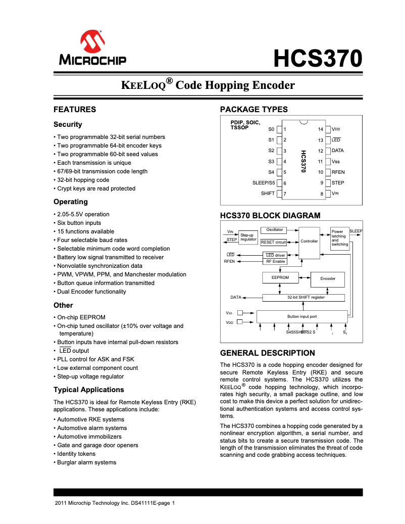Page 1 de la notice Fiche technique Microchip HCS370