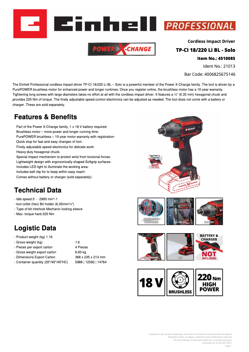 Page 1 de la notice Fiche technique Einhell TP-CI 18/220 Li BL