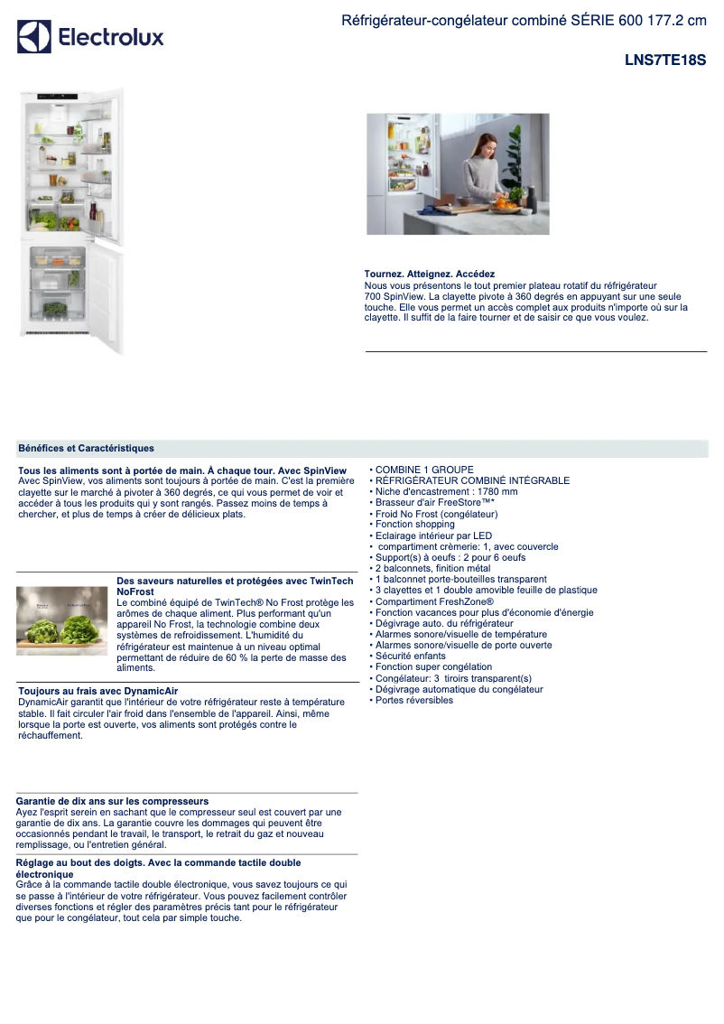 Page 1 de la notice Fiche technique Electrolux LNS7TE18S