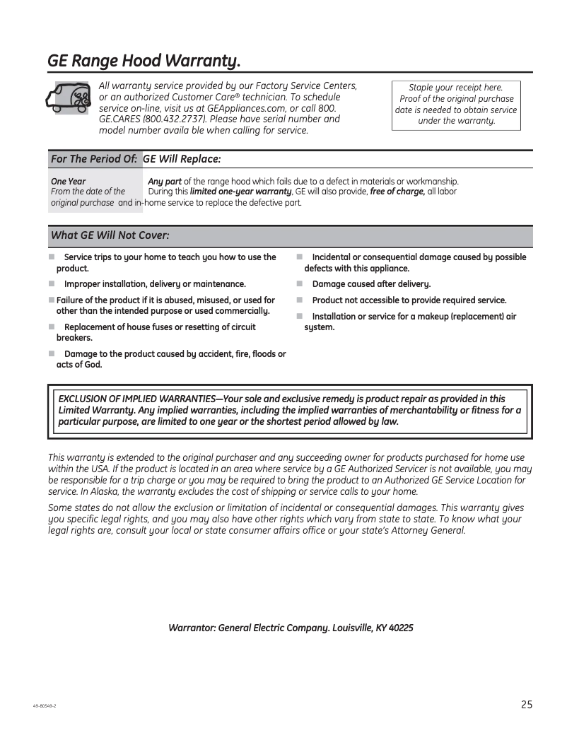 Page 1 de la notice Informations de garantie GE PV970NSS