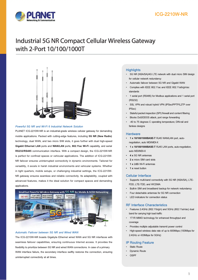 Page 1 de la notice Fiche technique Planet ICG-2210W-NR
