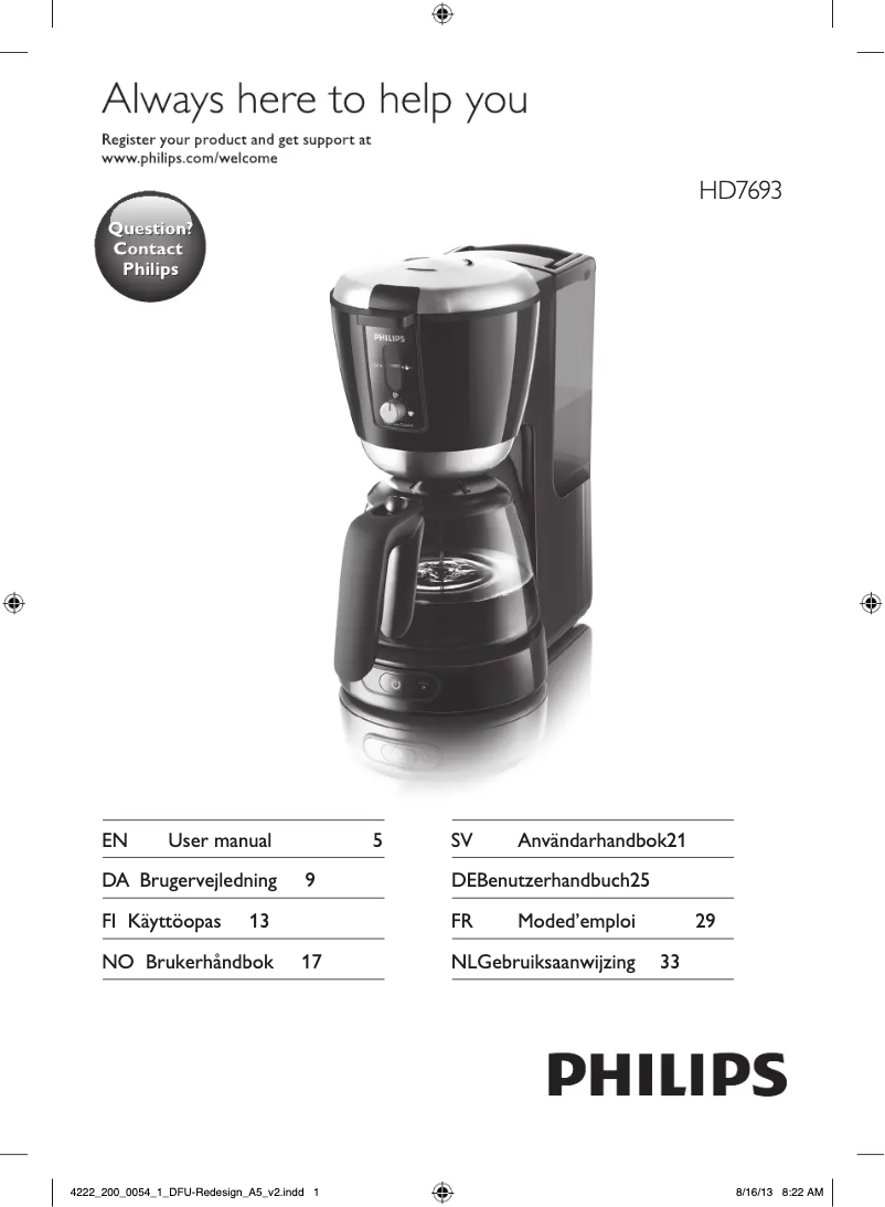 Page 1 de la notice Manuel utilisateur Philips Pure Essentials HD7693